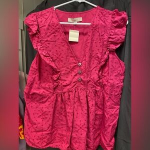 LOFT Fuchsia Ruffle Sleeve Blouse
